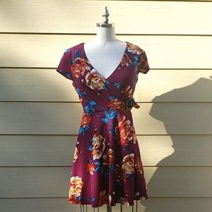 NEW Midnight Doll Faux Wrap Burgundy Floral Dress
